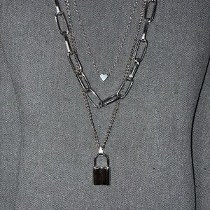 Silver Layered Chain Necklace with Heart and Lock Pendants